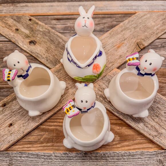 Set of 4 - Vintage Mercuries - Ceramic Bunnies Tulip Creamer Jug and 3 Cups - Picture 1 of 10